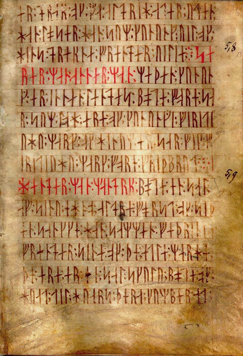 AM 28 8vo, known as Codex runicus, a vellum manuscript from c. 1300 containing one of the oldest and best preserved texts of the Scanian law (Skånske lov), written entirely in runes. Credit https://commons.wikimedia.org/wiki/File:CodexRunicus.jpeg