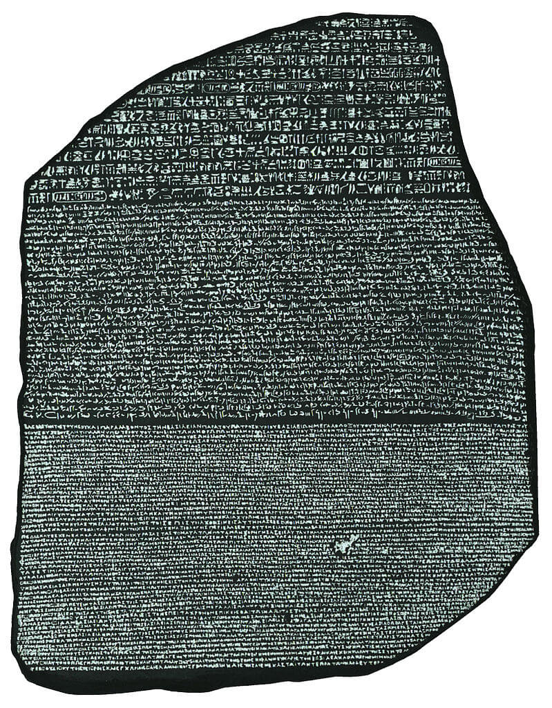 A picture of the Rosetta Stone, in a high contrast, readable format. Credit https://commons.wikimedia.org/wiki/File:Rosetta_Stone_BW.jpeg