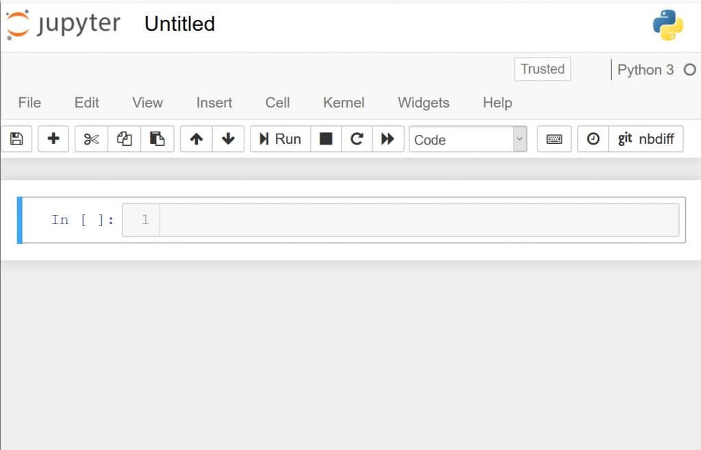 jupyter notebook screenshot ระบบจะเปิดหน้าจอใหม่ขึ้นมาเป็น Notebook ใหม่ มี 1 Cell ว่าง โดยเวลาที่เรา Run โค้ดจะทำงานด้วย Kernel ภาษา Python เวอร์ชั่น 3