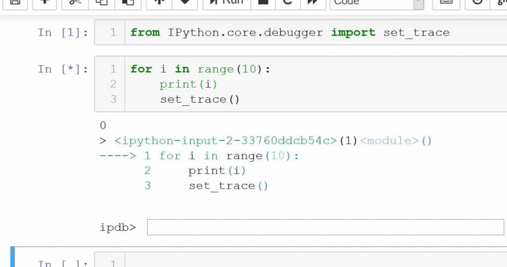 import iPython debugger แล้วใส่คำสั่ง set_trace() เพื่อสร้าง breakpoint