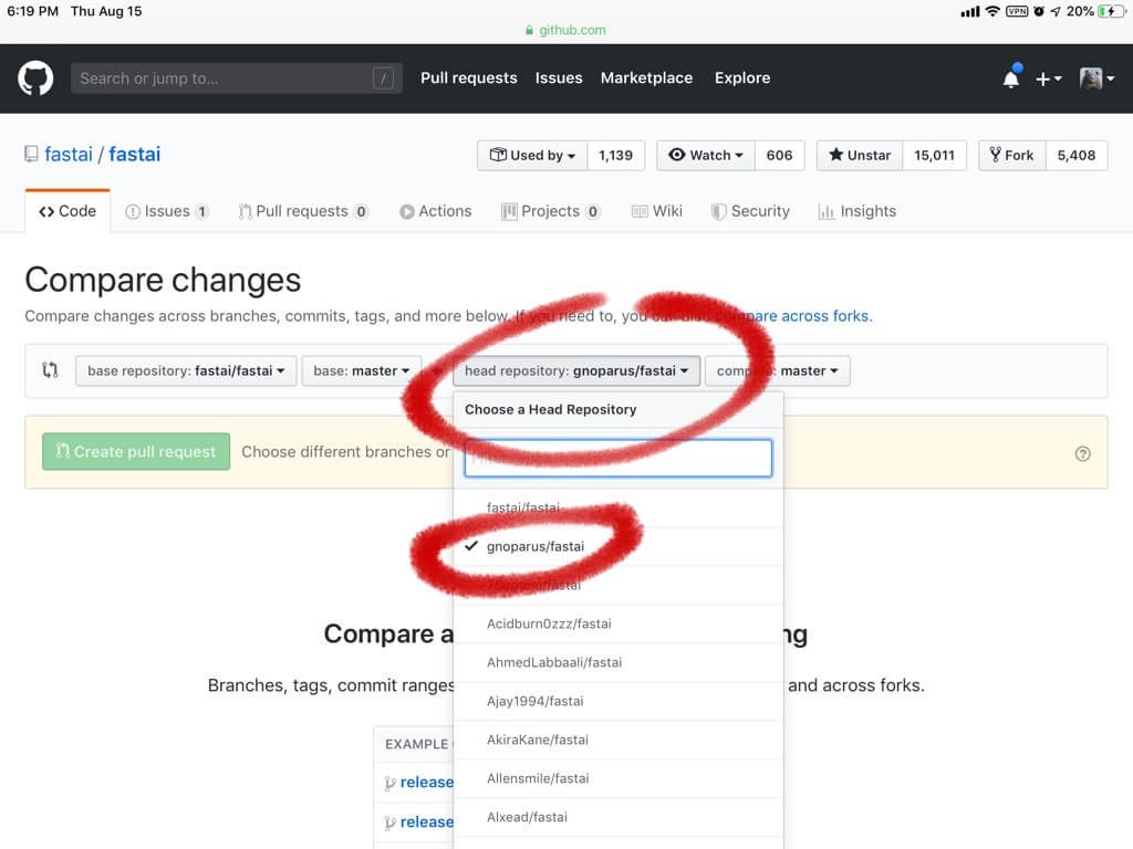 Github Create Pull Request Choose a head repository