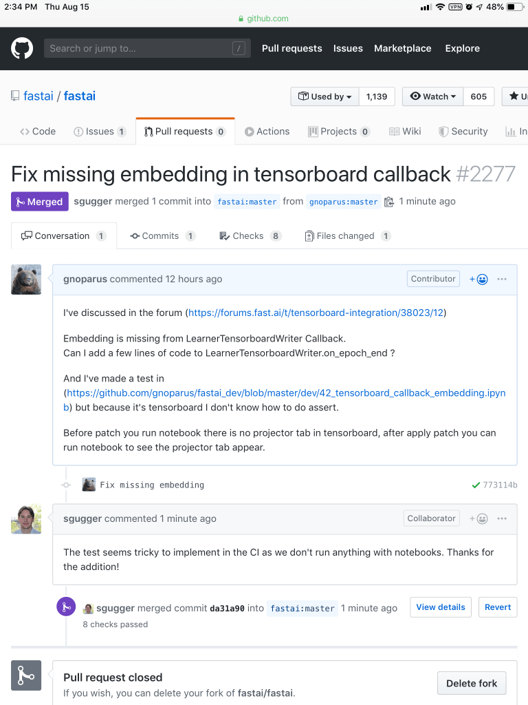 Closed Pull request with merged commit on github fastai