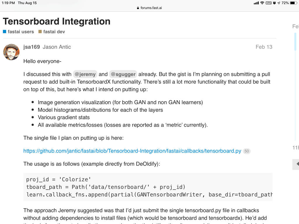 https://forums.fast.ai/t/tensorboard-integration/38023