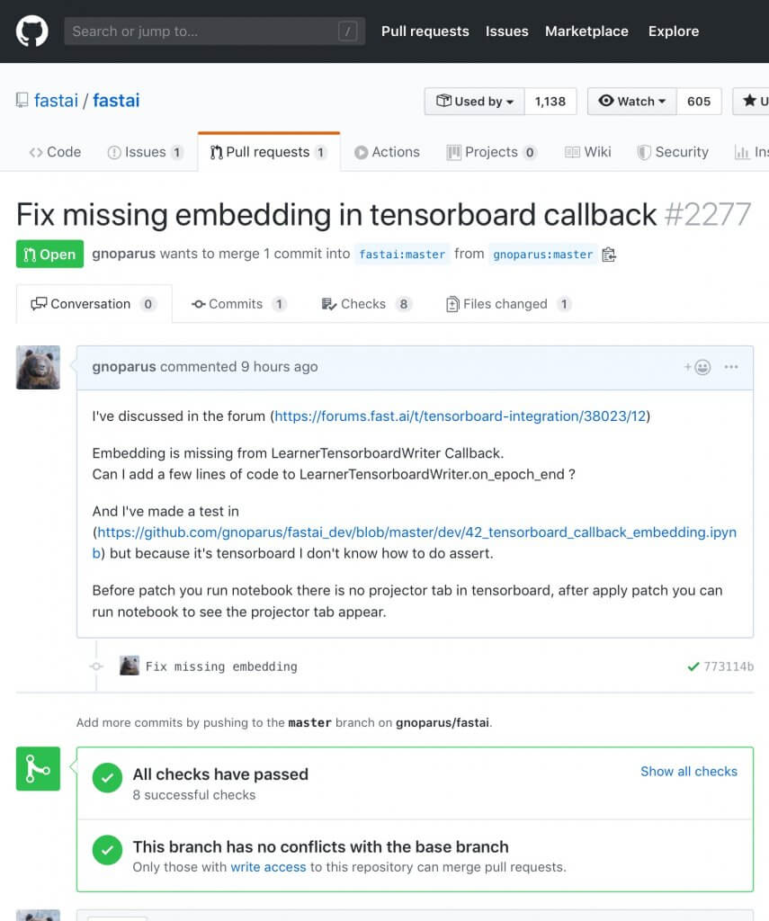 Pull Request Details page with open status