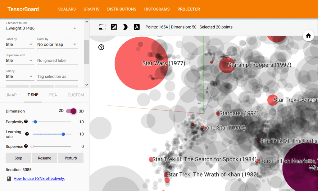 Tensorboard แสดง Projector ข้อมูล Embedding ลดมิติด้วย T-SNE กรองเฉพาะ Star