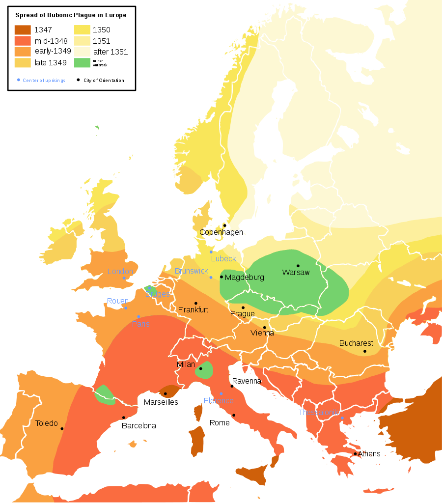 แผนที่การแพร่กระจายของกาฬโรคในทวีปยุโรป Spread of the Black death in Europe. Credit https://en.wikipedia.org/wiki/File:Bubonic_plague-en.svg