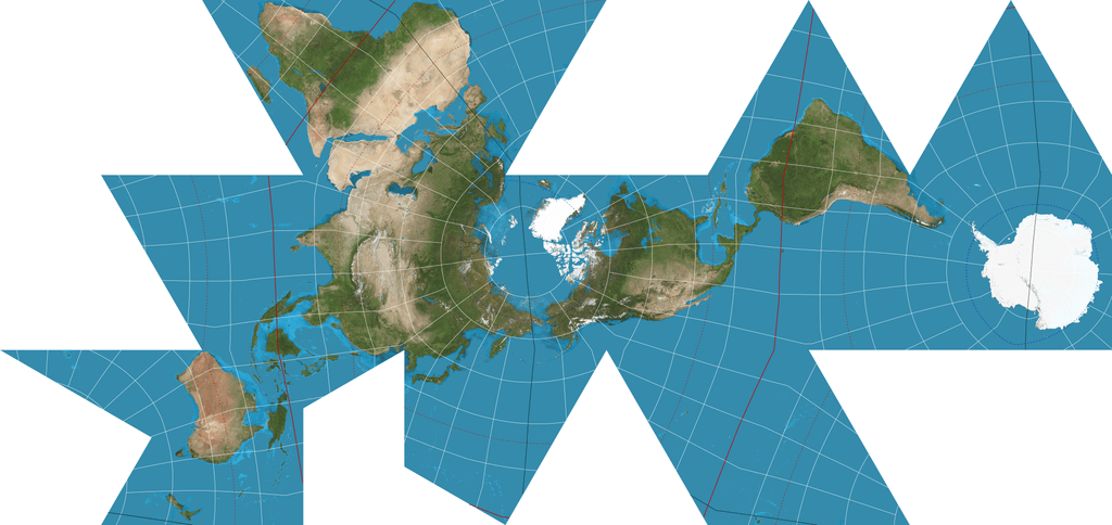 The Dymaxion map or Fuller map is a projection of a world map onto the surface of an icosahedron, which can be unfolded and flattened to two dimensions. The flat map is heavily interrupted in order to preserve shapes and sizes. Credit https://en.wikipedia.org/wiki/File:Dymaxion_projection.png