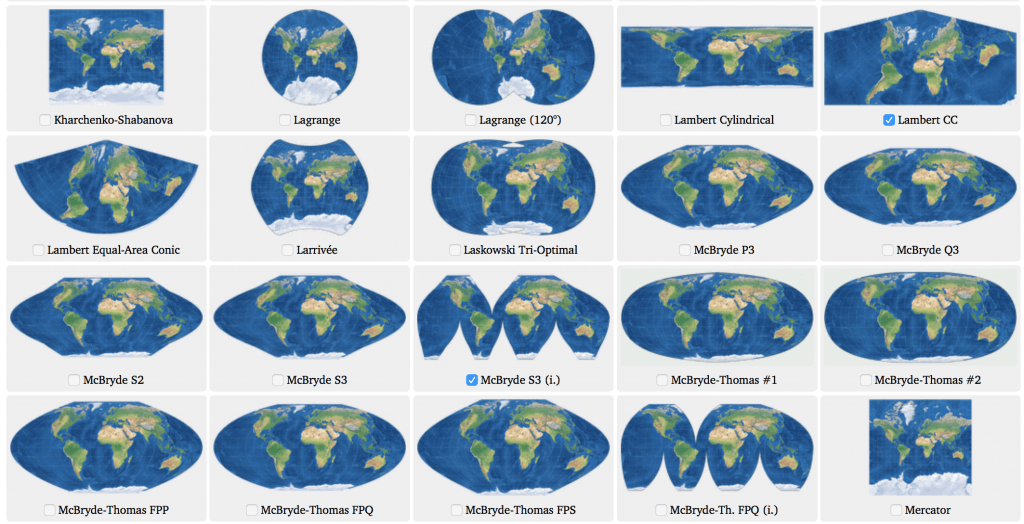 An incomplete list of map projections. Credit https://www.reddit.com/r/MapPorn/comments/b5yaf5/an_incomplete_list_of_map_projections/