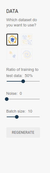 TensorFlow Playground Screenshot 14 Input Data, Ratio of Training Set Test Set, Noise, Batch Size