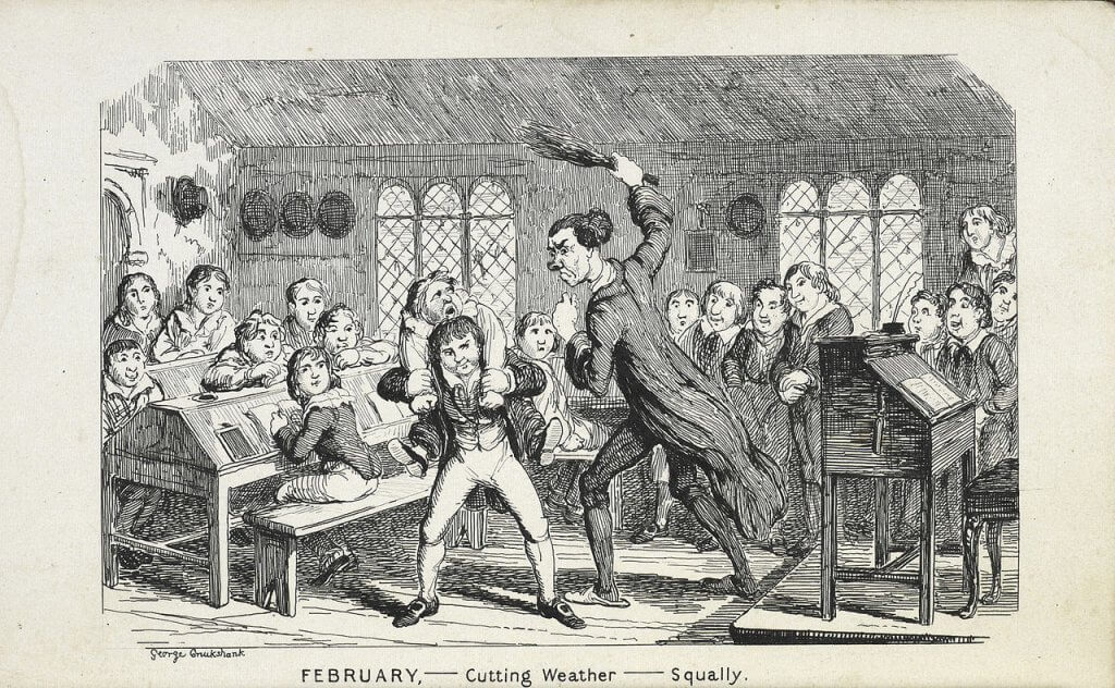 1839 caricature by George Cruikshank of a school flogging. Credit https://commons.wikimedia.org/wiki/File:%27February_-_Cutting_Weather_-_Squally%27_-_George_Cruikshank,_1839_-_BL.jpg
