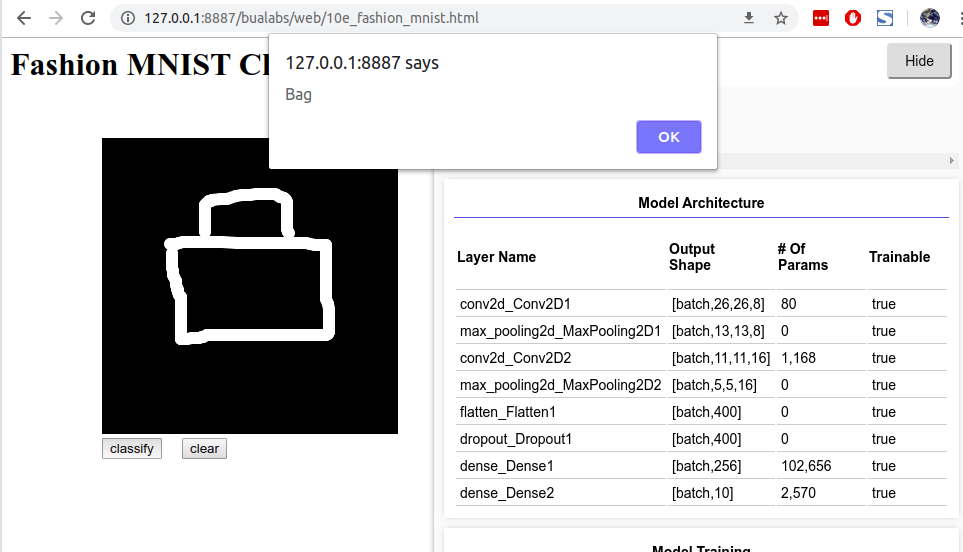 10e fashion mnist model predict bag