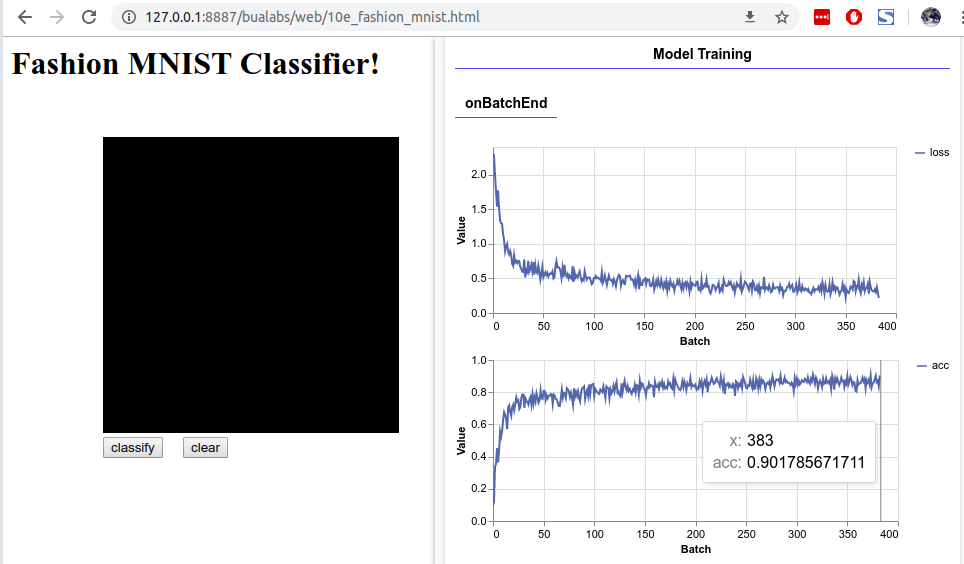 10e fashion mnist model training onbatchend loss accuracy