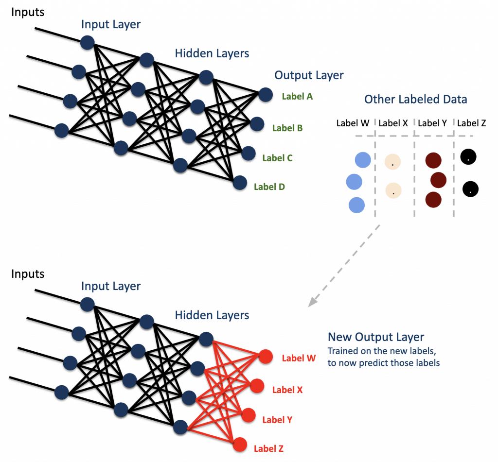 An example of Transfer Learning. We have model predict a label as “A”, “B”, “C”, or “D” and a separate dataset with the labels “W”, “X”, “Y”, and “Z”. Retraining just the last layer of the model the model is now able to predict labels “W”, “X”, “Y”, and “Z”. Credit https://medium.com/pytorch/active-transfer-learning-with-pytorch-71ed889f08c1