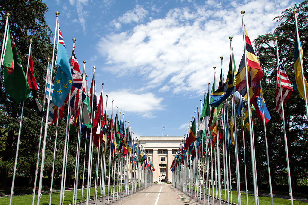 The Allée des Nations in front of the Palace of Nations (United Nations Office at Geneva) Credit https://commons.wikimedia.org/wiki/File:United_Nations_Flags_-_cropped.jpg